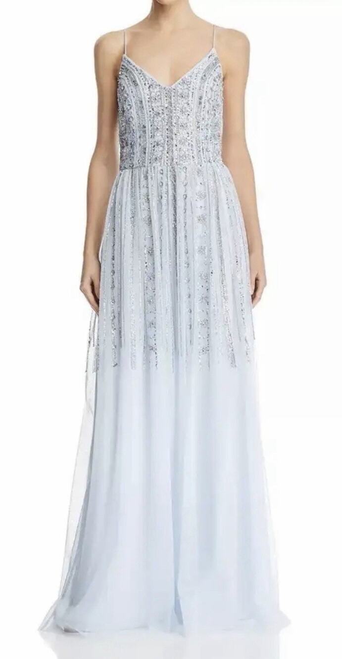 Aidan Mattox Beaded Sequin Gown •8• Spaghetti Straps Lined Light Blue Maxi Dress